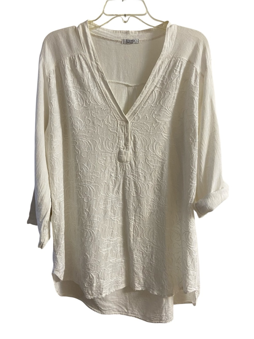 Rosemarine Italy Linen Blend Embroidered V-Neck Split Collar Tunic Blouse XL